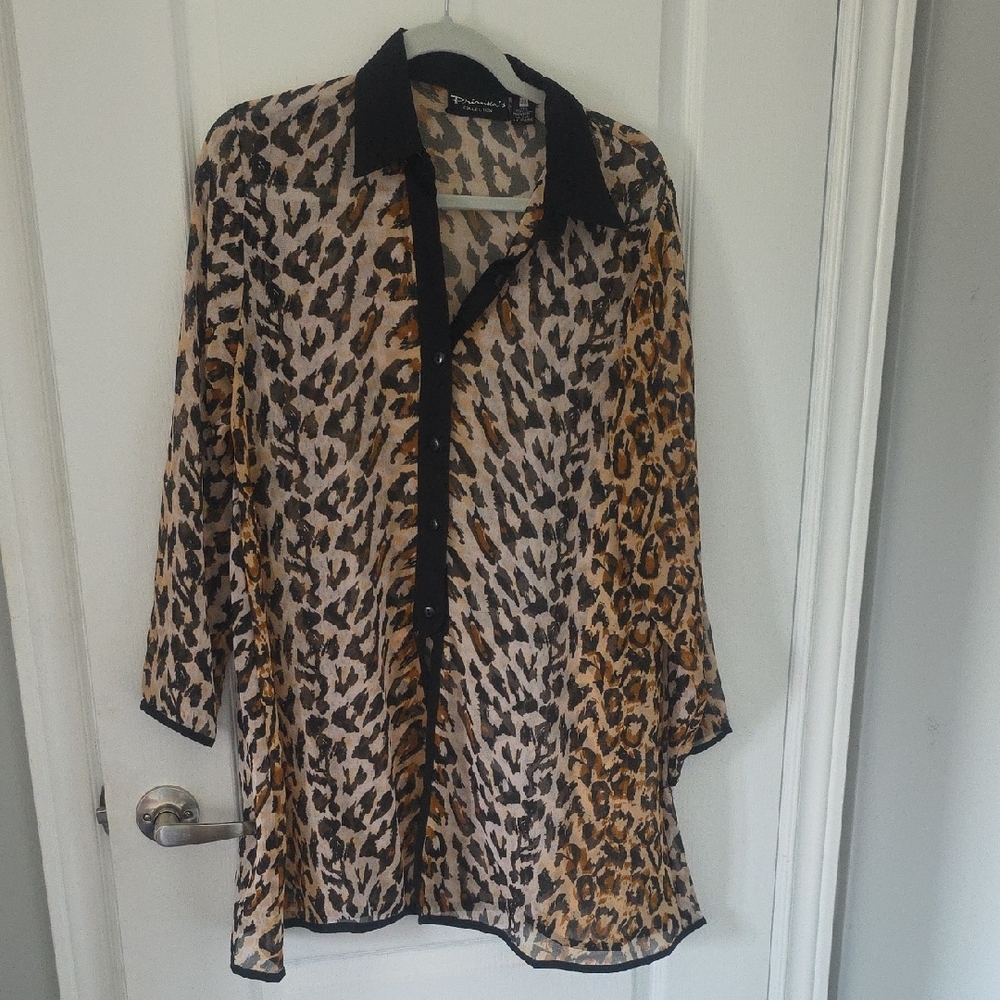 Black and Brown Leopard Print Blouse with Notched Collar